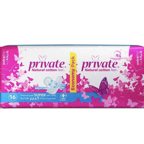 Private Natural Cotton Feel extra thin Super Pads with Wings 16 Pads