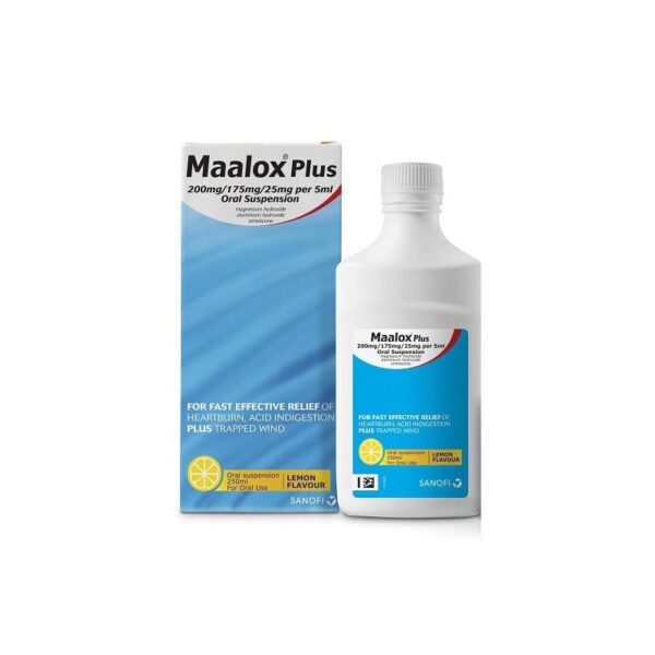 Maalox Plus 200mg Magnesium Hydroxide, 175mg Aluminum Hydroxide & 25mg Simeticone Oral Suspension Lemon Flavor for Heart Burn, Indigestion & Trapped Wind 250 ML