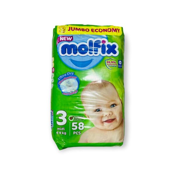 Molfix Hypoallergenic Medium Baby Diapers Size 3 (4-9kg) - latex free, parabens free, BPA free 58 pieces