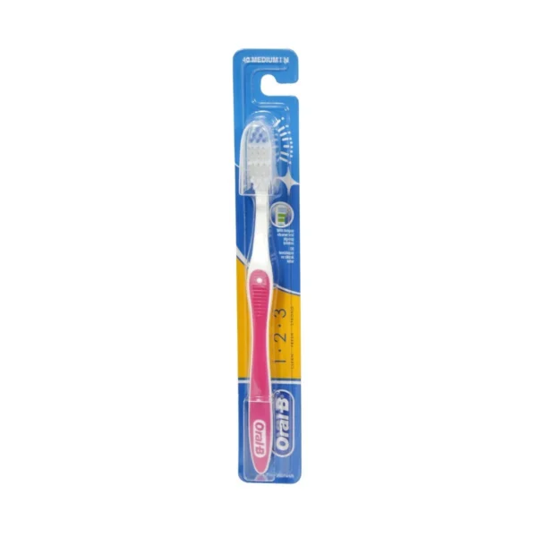 Oral-B 123 Pink & White Medium Toothbrush with Cover