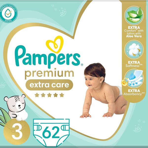 Pampers Premium Extra Care Diapers with Aloe Vera Lotion Size 3 (6-10kg) 62 diapers