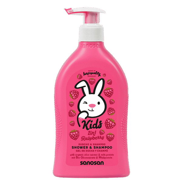 Sanosan Kids 2in1 Shower Gel & Shampoo Raspberry Scent with Organic Olive Extract & Milk Protein - SLS free, parabens free, microplastic free 200 ML